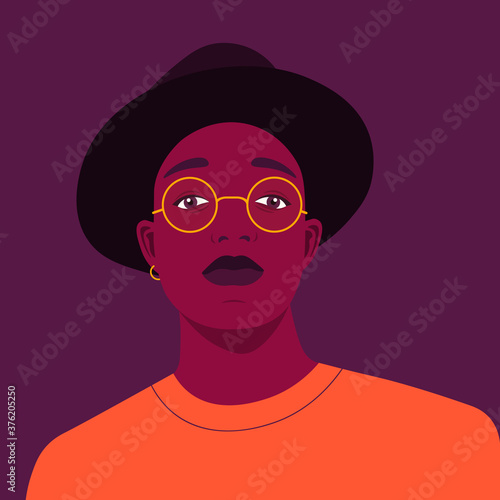 Portrait of a young African man in a hat and glasses. Self-confidence. Vector flat Illustration