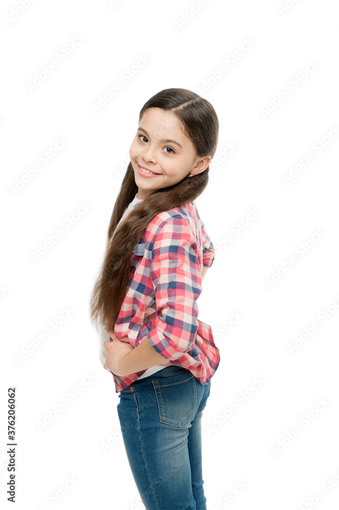 portrait of smiling child. little beauty casual style. small girl isolated on white. kid wear checkered shirt and jeans. care about long hair health. pure beauty of young portrait of smiling child. little beauty casual style. small girl isolated on white. kid wear checkered shirt and jeans. care about long hair health. pure beauty of young