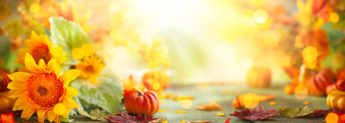 Autumn festive background with sunflowers, pumpkins and fall leaves. Concept of Thanksgiving day or Halloween with copy space