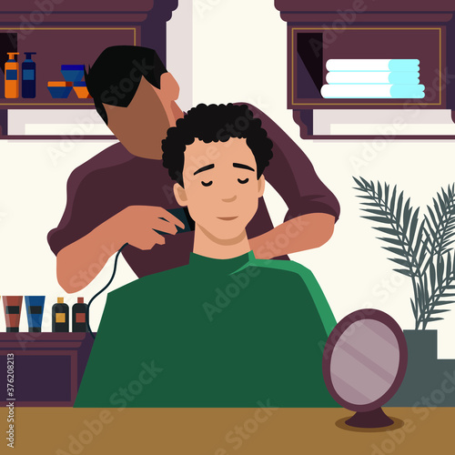 hairdresser barbers doing male clients haircut in men beauty salon barbershop. Barber shop interior design with chairs, mirrors, desk. Decoration and furniture. Flat vector illustration