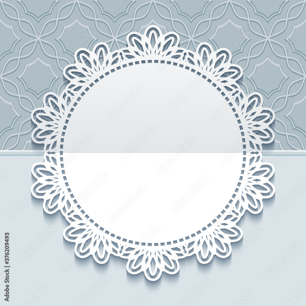Round frame with lace border pattern on ornamental background. Elegant lacy decoration for wedding invitation or greeting card design. Template for laser cutting. Round frame with lace border pattern on ornamental background. Elegant lacy decoration for wedding invitation or greeting card design. Template for laser cutting.