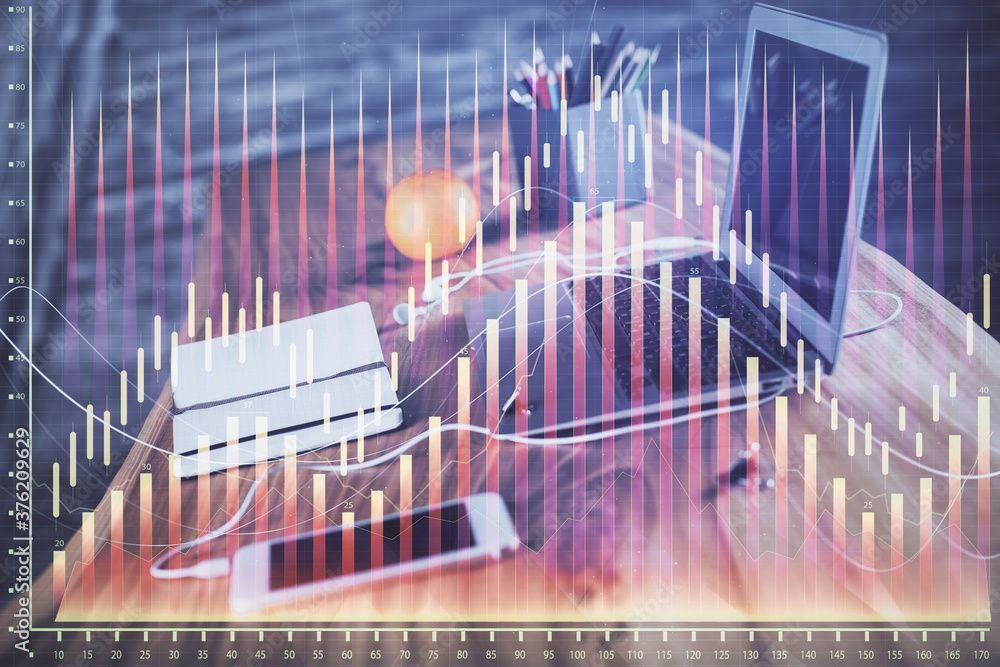 Stock market graph and table with computer background. Multi exposure. Concept of financial analysis. Stock market graph and table with computer background. Multi exposure. Concept of financial analysis.