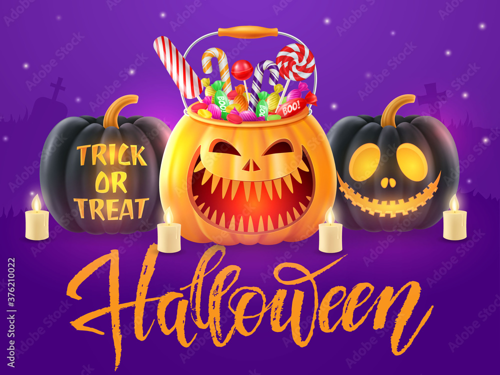 Halloween lettering background, funny pumpkins and balloons. Greeting card for party and sale. Autumn holidays. Vector illustration EPS10.