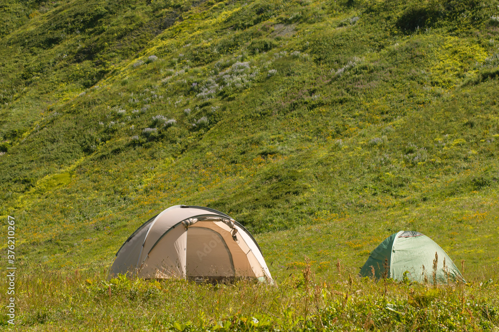 Camping in nature. Travel, adventure and trekking by Hiking in the mountains.