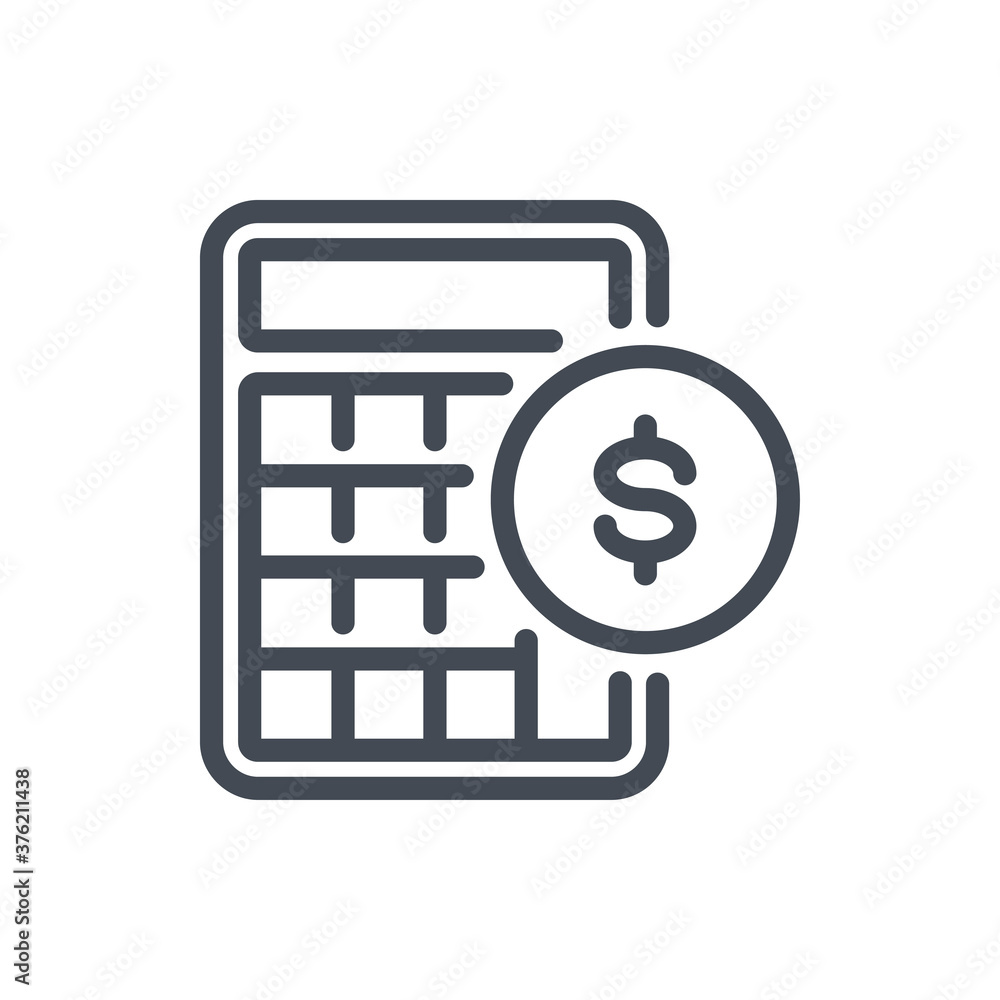 Calculator with dollar coin line icon. Accounting vector outline sign.
