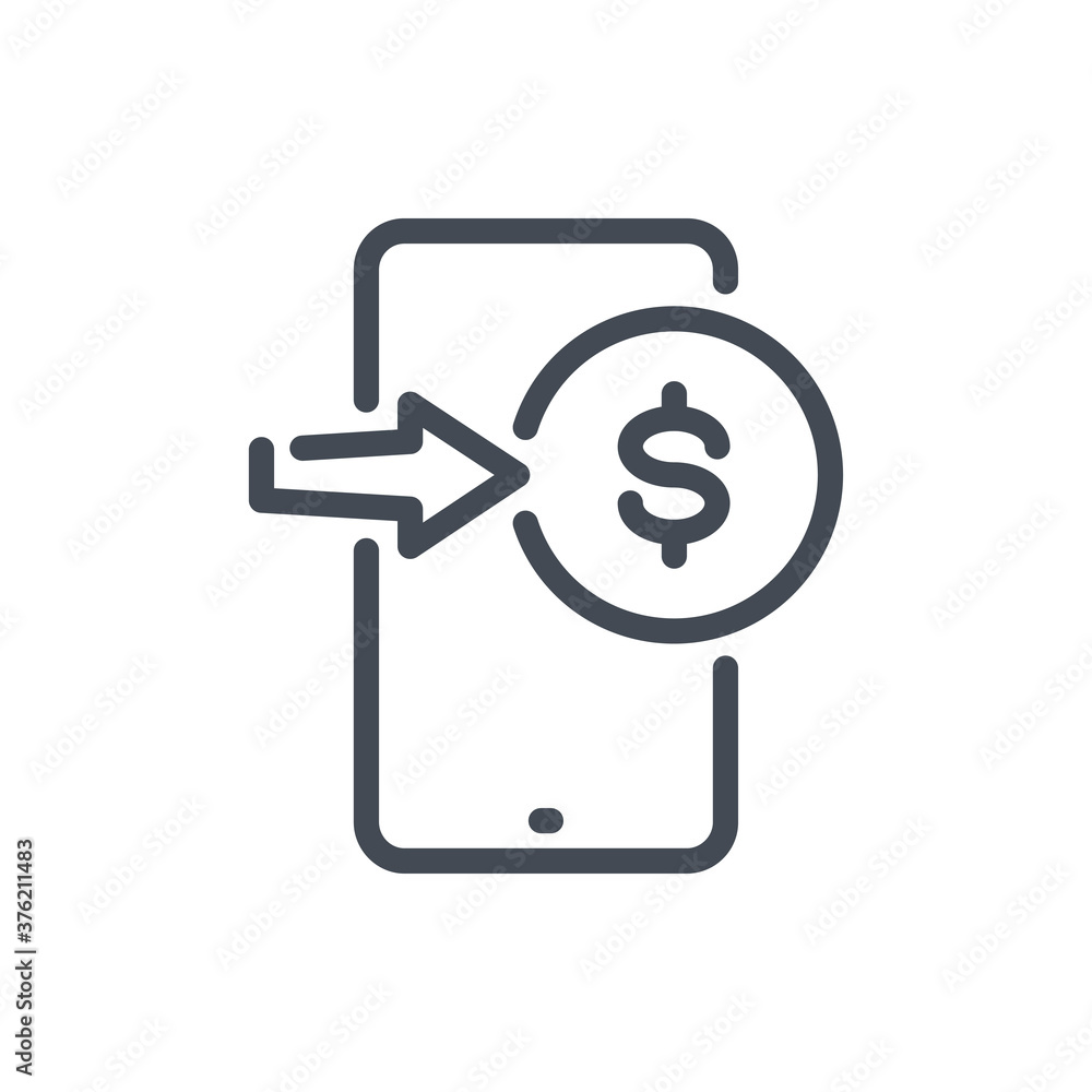 Mobile phone with Dollar coin and Arrow line icon. Send money vector outline sign. Mobile phone with Dollar coin and Arrow line icon. Send money vector outline sign.