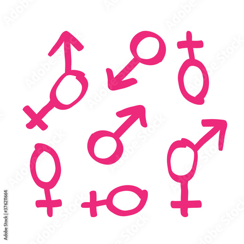 Hand drawn gender symbols. Sketch of male and female signs in doodle style. Vector illustration about sex differences