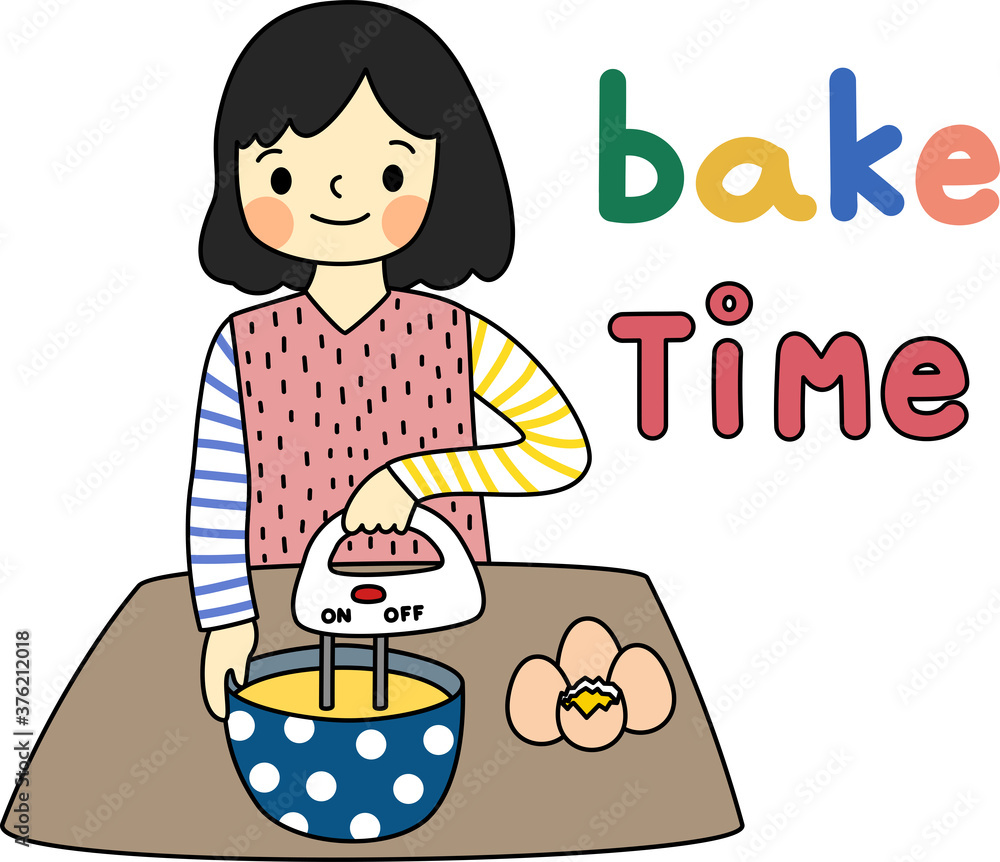 Cartoon of The girl enjoys her baking time for bakery. Simple cute hand