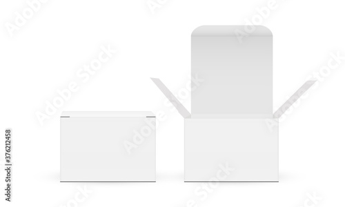 Two square cosmetic boxes with open and closed lid, front view, isolated on white background. Vector illustration