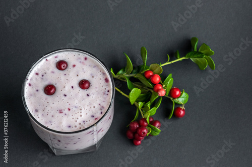 Berry smoothie. Milkshake with fresh lingonberries on a dark background. Healthy food, detox or diet concept. Copy space