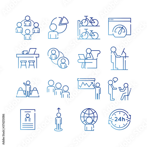 bundle of sixteen coworking set collection gradient style icons