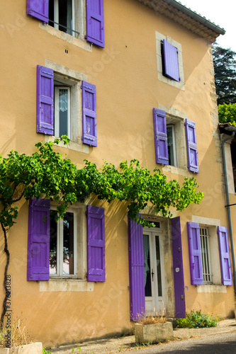 old house in provence france, amazing colors with a purple and yellow house and a green tree | 