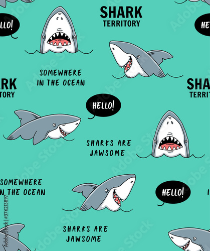 Vector seamless pattern with hand drawn sharks.