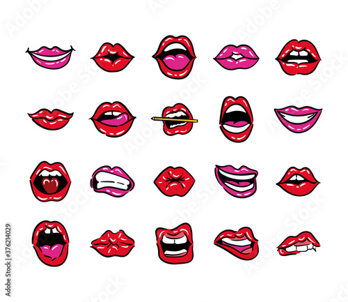 bundle of twenty mouths pop art line and fill style