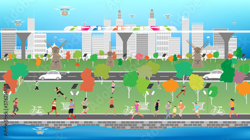Concept and idea smart city show a city in future has used technology help easy and fast transport and help people have a good health and clean environment. Vector EPS10