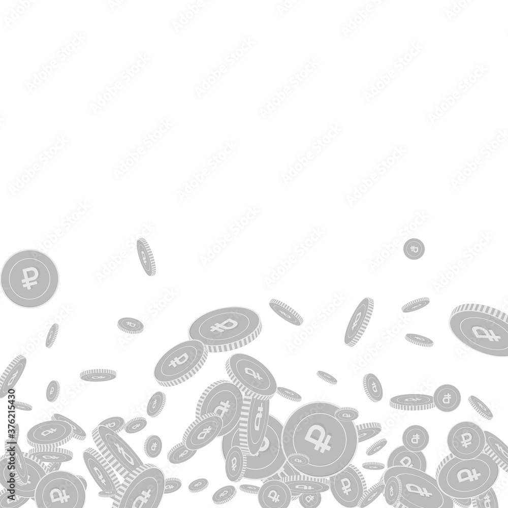 Russian ruble coins falling. Scattered black and w Russian ruble coins falling. Scattered black and w