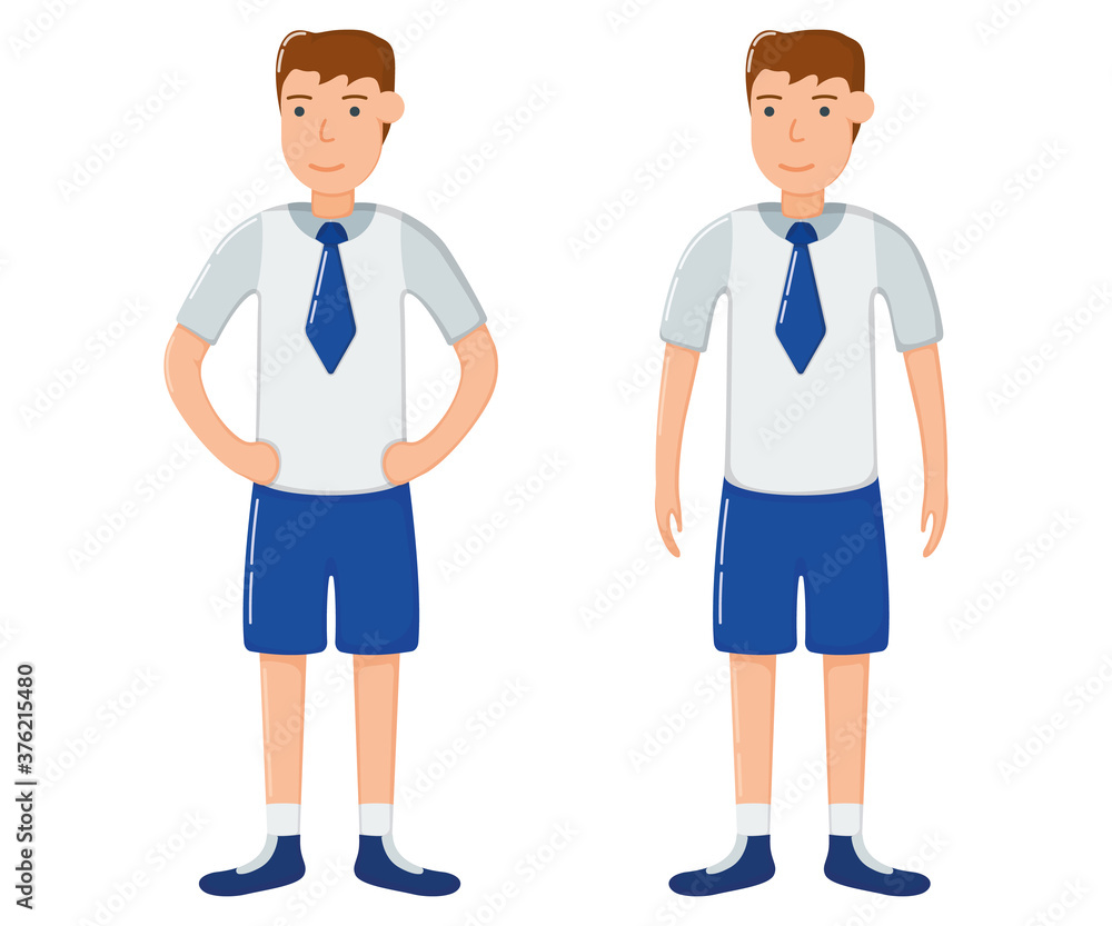 Student boy character in school clothes, concept man standing isolated on white, flat vector illustration. Smiling cartoon school child.
