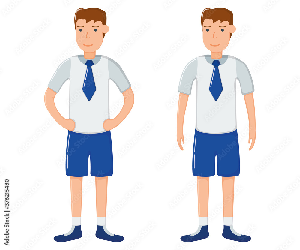 Student boy character in school clothes, concept man standing isolated on white, flat vector illustration. Smiling cartoon school child. Student boy character in school clothes, concept man standing isolated on white, flat vector illustration. Smiling cartoon school child.