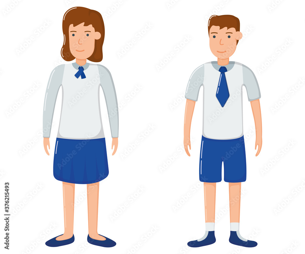 Student girl and boy character in school clothes, concept woman man standing isolated on white, flat vector illustration. Smiling schoolchild together. Student girl and boy character in school clothes, concept woman man standing isolated on white, flat vector illustration. Smiling schoolchild together.