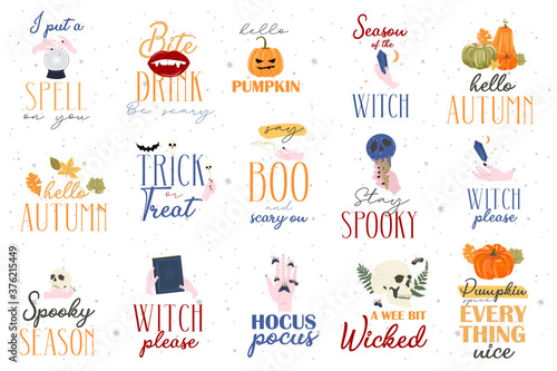 Set of Halloween prints, typography of halloween holidays quotes and cute mystic elements. Editable vector illustration.