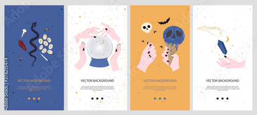 Set of vertical background with mystical and cute halloween elements. Mobile app and social media. Editable vector illustration.