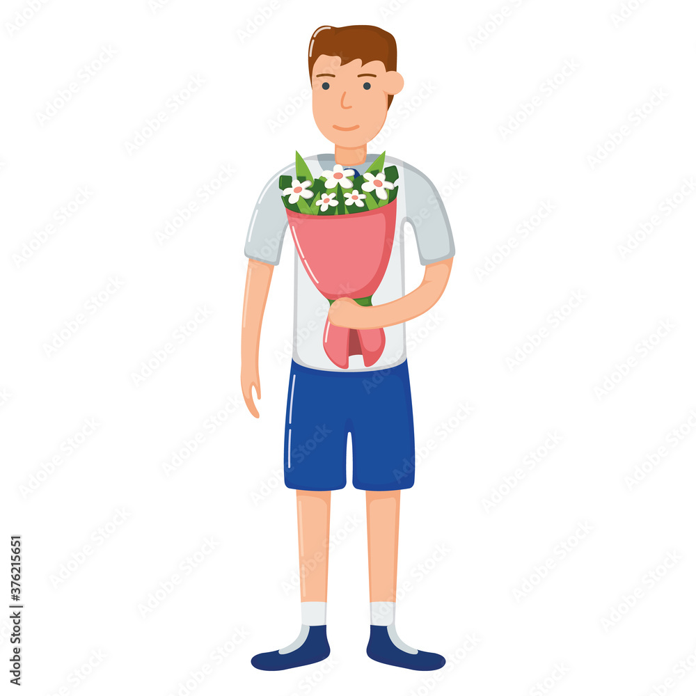 Boy school child character hand hold bouquet flower, concept gift floret in decorative bundle flat icon vector illustration, isolated on white. Boy school child character hand hold bouquet flower, concept gift floret in decorative bundle flat icon vector illustration, isolated on white.