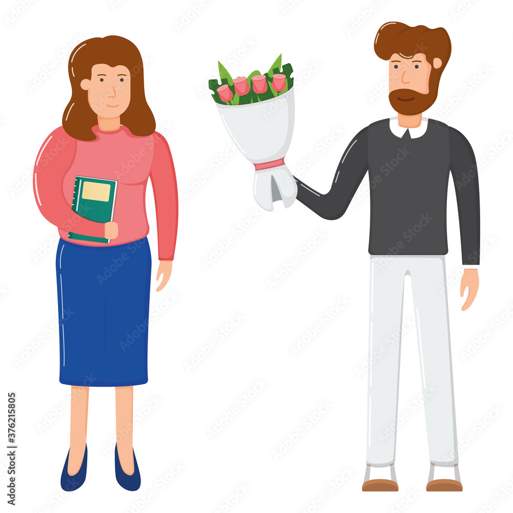 Male give decorative bouquet flower to female, lovely romantic couple date concept gift floret flat icon vector illustration, isolated on white. Male give decorative bouquet flower to female, lovely romantic couple date concept gift floret flat icon vector illustration, isolated on white.