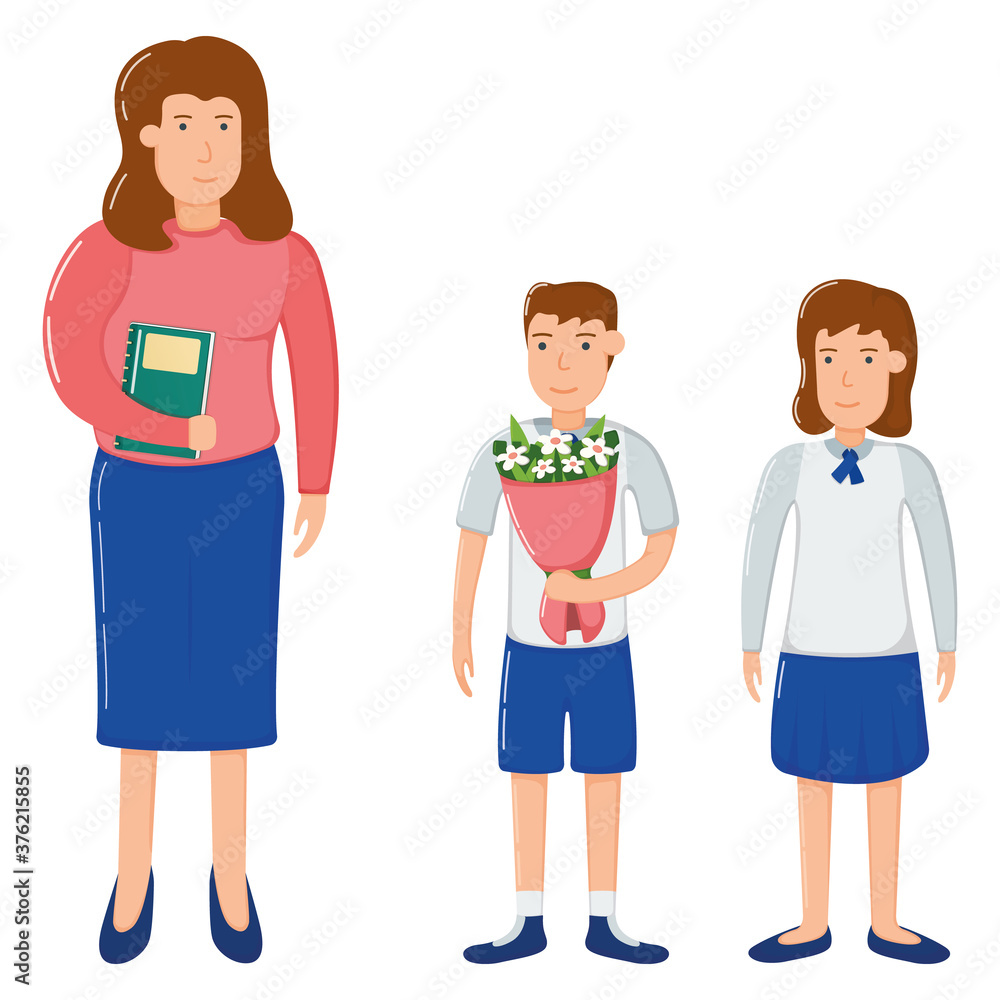 Young school student boy and girl gift bouquet flower to teacher woman character, happy teacher day isolated on white, cartoon vector illustration. Smiling pupil.