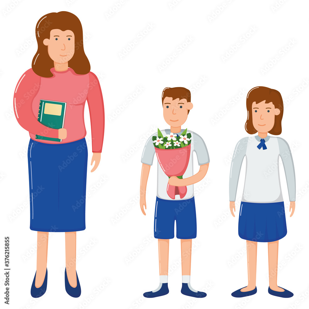 Young school student boy and girl gift bouquet flower to teacher woman character, happy teacher day isolated on white, cartoon vector illustration. Smiling pupil. Young school student boy and girl gift bouquet flower to teacher woman character, happy teacher day isolated on white, cartoon vector illustration. Smiling pupil.