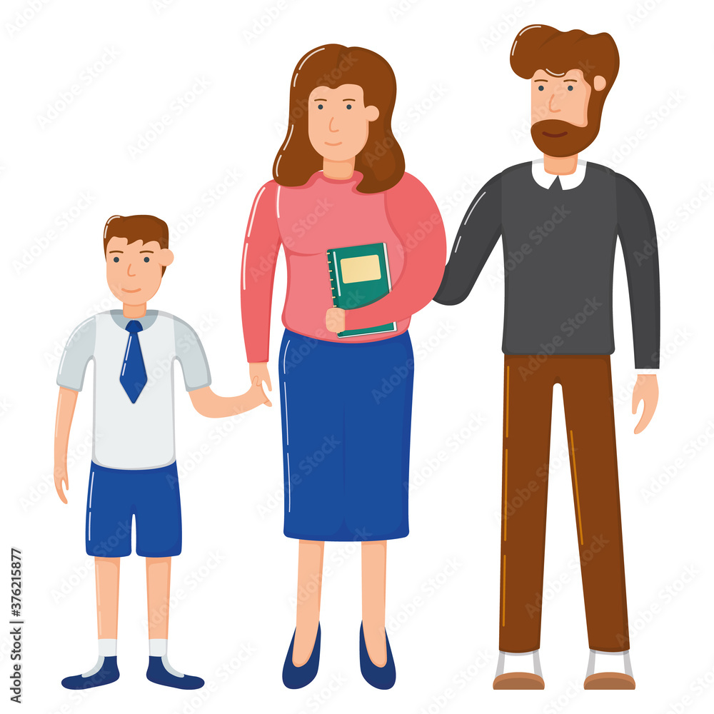 Concept father, mother and son standing isolated on white, male female character cartoon vector illustration. Design friendly family with schoolboy.