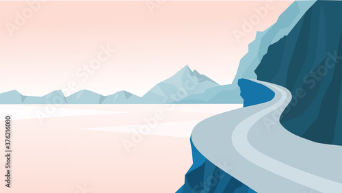 Landscape vector theme with hill, mountain, trees, clouds, and sky for the Landing page and Flat style Abstract background, Panoramic wallpapers. © auchara