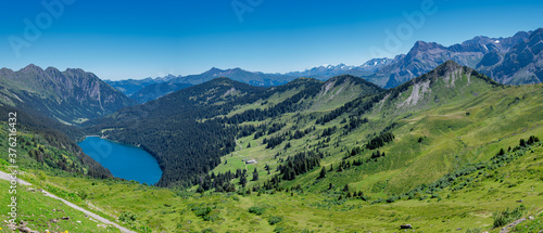 Panoramic view on Arnensee in the swiss alps with forests and alpine willows