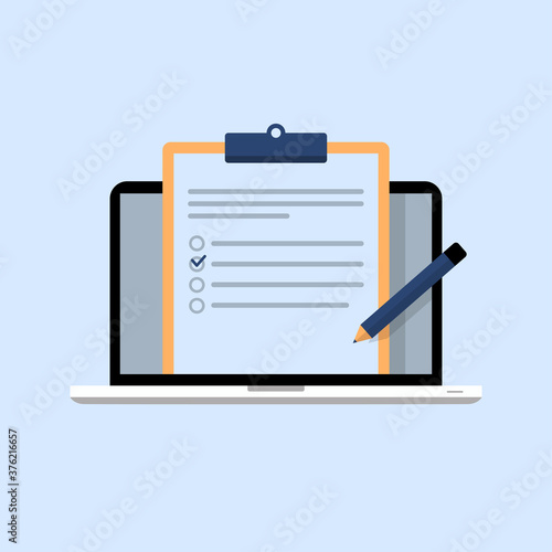0nline exam on a laptop with checklist and pencil, choosing answer, questionnaire form concept illustration flat design vector. simple style icon, logo