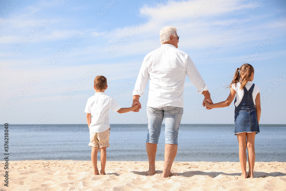 Cute little children with grandfather spending time together on sea beach, back view Cute little children with grandfather spending time together on sea beach, back view