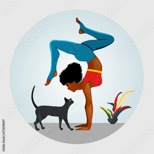 African American women standing in Adho Mukha Vrksasana exercise. Next to woman walking cat. vector illustration.Yoga, concept of meditation, health benefits for body, control of mind and emotions.