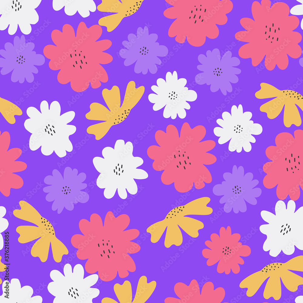 Seamless pattern with flowers.Flowers seamless pattern, on a purple background. Vector. For the design of wrapping paper, textile. Seamless pattern with flowers.Flowers seamless pattern, on a purple background. Vector. For the design of wrapping paper, textile.