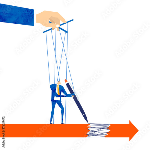 Marionette controlled by the hand of businessman. No freedom, working pressure, tiredness and overloaded, total control concept illustration