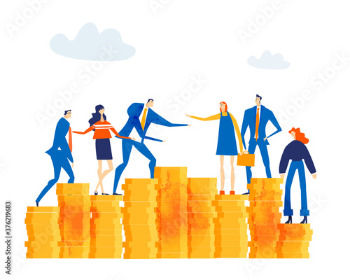 Group of successful business people, bankers stand at stacked up coins and looking to future for best investment, new business start up, financial growth and improvement. Salary, earnings, savings con