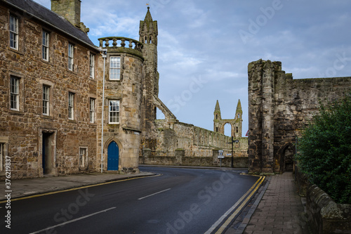 Old town street of St Andrews with the Cathedral in the background, Scotland, United Kingdom
