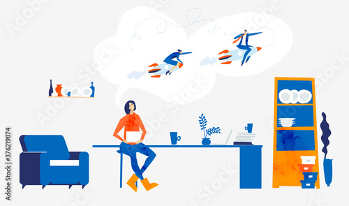 Woman dreaming about professional success. Young man self-employed, self isolated working from home, and looking for new job. Quarantine, economy crisis, jobless people