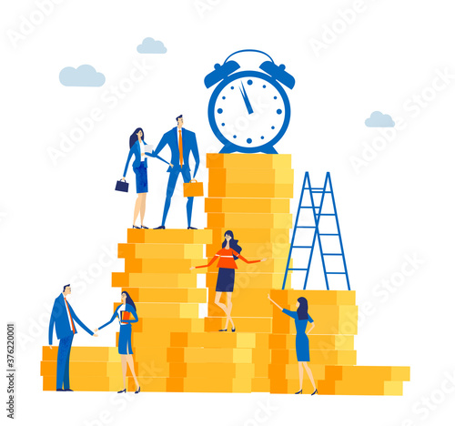 Time is money. Group of successful business people, bankers stand at stacked up coins and looking to future for best investment, new business start up, financial growth and improvement.