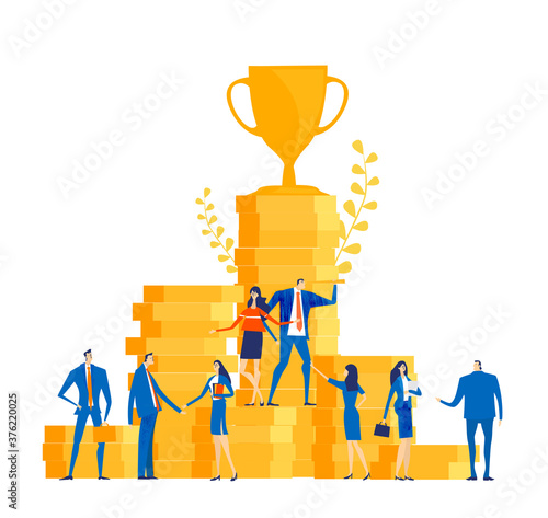 Group of successful business people, bankers stand at stacked up coins and looking to future for best investment, new business start up, financial growth and improvement. Salary, earnings, savings con