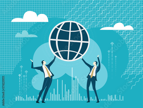 Successful business people holding up globe as symbol of control, professional success, work international, global business. Business concept illustration