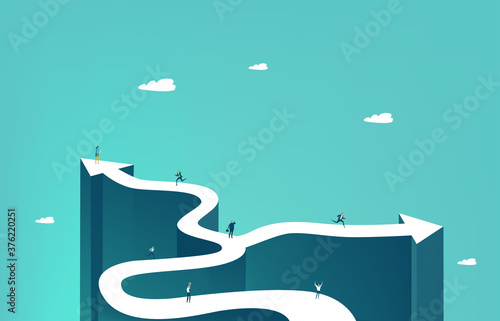 Little business people running on the arrow in order to find successful way to career, financial growth, professional achievements. Business concept illustration