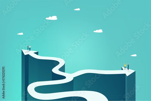 Little business people running on the arrow in order to find successful way to career, financial growth, professional achievements. Business concept illustration