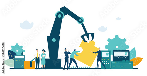 Factory with business people and workers and conveyor belt line robots hands working with puzzles. Factory automation production, manufacturing concept