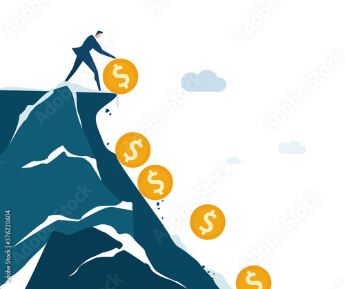 Businessman loosing control over  situation and loosing money. Coins falling down. Crisis, economy fall, recession concept. Start up fall. Business concept illustration 