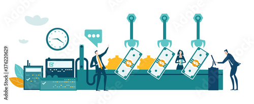 Factory with business people and workers and conveyor belt line with robots hands manufacturing money. Factory automation production, manufacturing concept