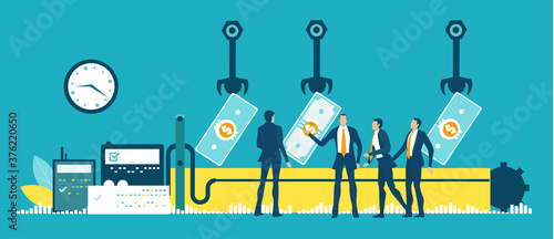 Factory with business people and workers and conveyor belt line with robots hands manufacturing money. Factory automation production, manufacturing concept