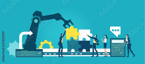 Factory with business people and workers and conveyor belt line robots hands working with puzzles. Factory automation production, manufacturing concept